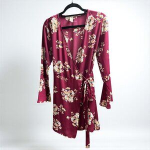 Allison Joy Floral Print Wrap Dress Bell Sleeve Burgundy Mini Small